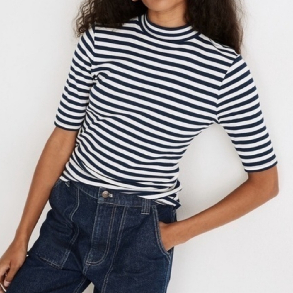 Madewell Striped Black or Navy & White Women's Top Size Medium Ribbed Mock Neck